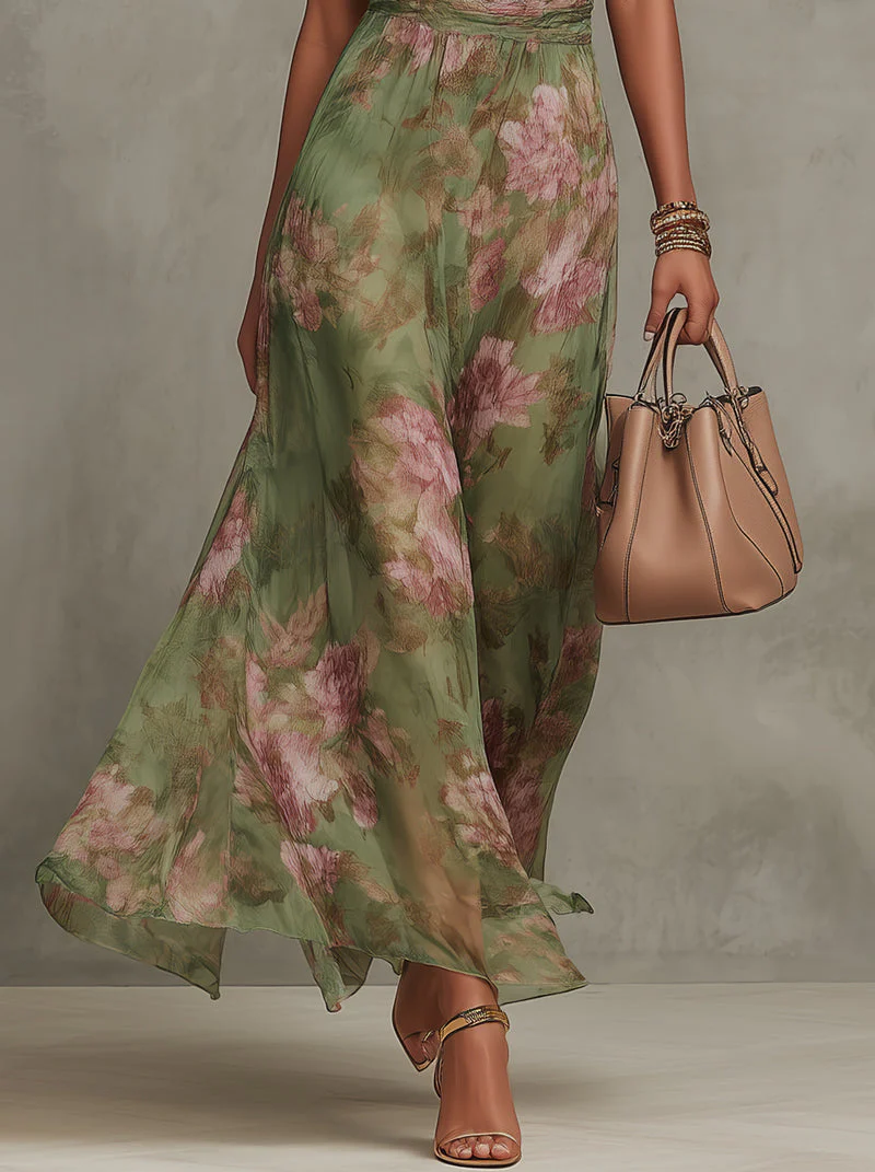 Serena | Elegante vestido largo floral fluido que favorece la silueta